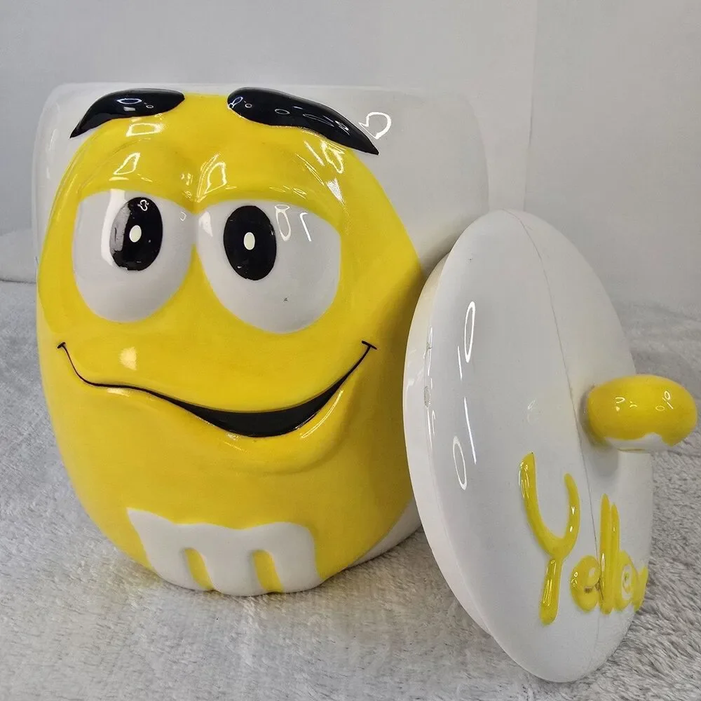 2003 Galerie Yellow M & M Ceramic Cookie Candy Jar Vintage Canister w/ Lid READ